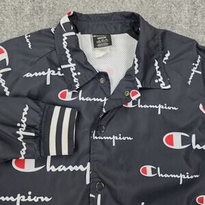 Champion Jacket Mens Medium Black White Red Logo Script Windbreaker Coach Style